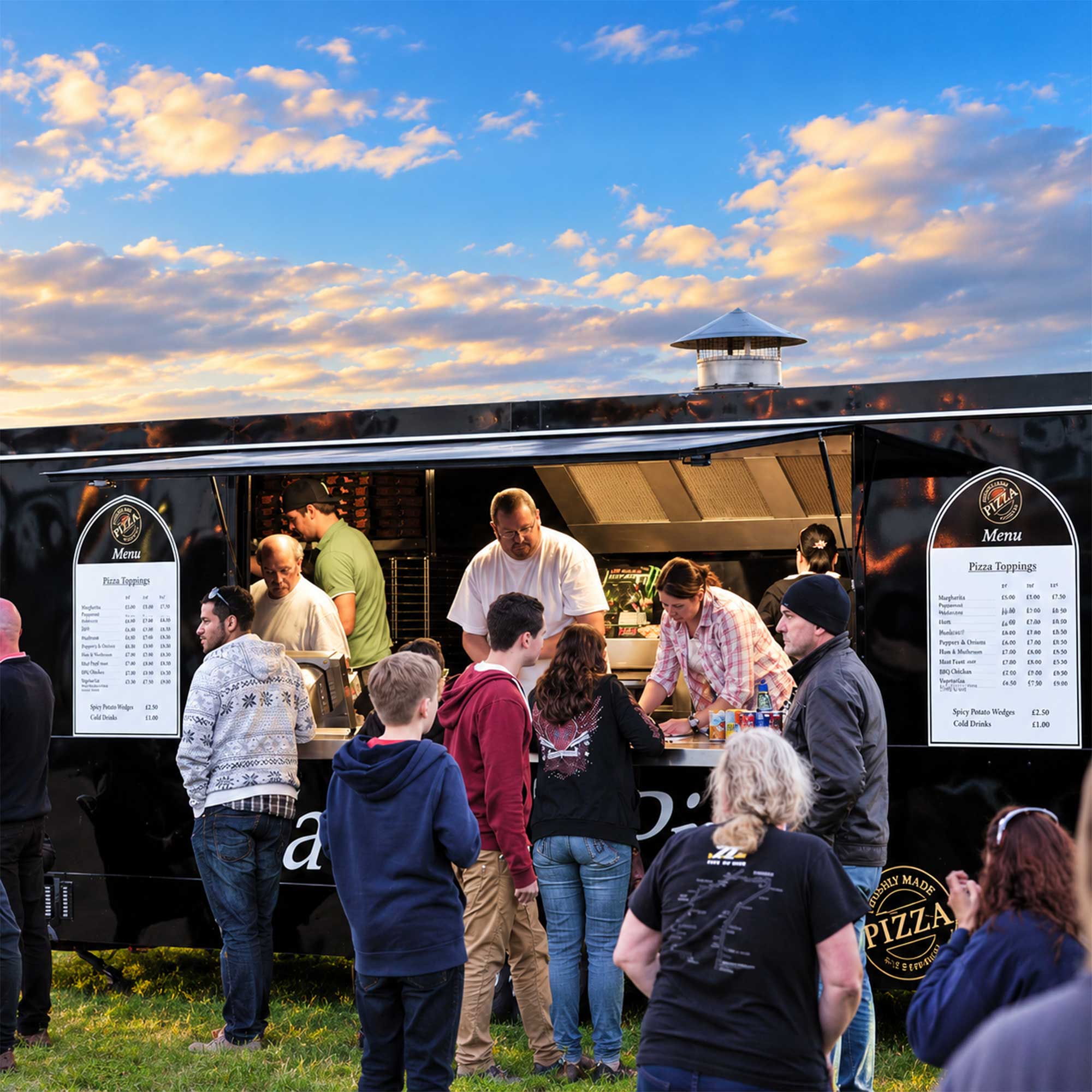 Crowds queueing at the Savino's Pizza trailer